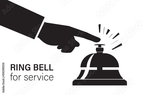 Black silhouette of human hand pressing hotel bell. Reception, customer, guest and restaurant bell icon symbol. Ring bell for service. Concierge ring call with sound waves.