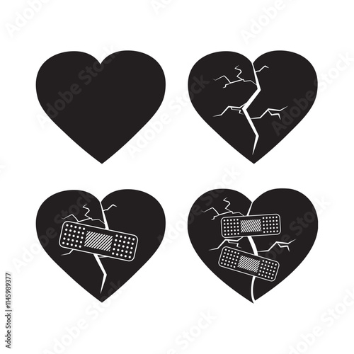 Set of black hearts. Broken heart with cracks and medical bandage. Love, betrayal and forgiveness concept. Silhouettes, monochrome design isolated on white background