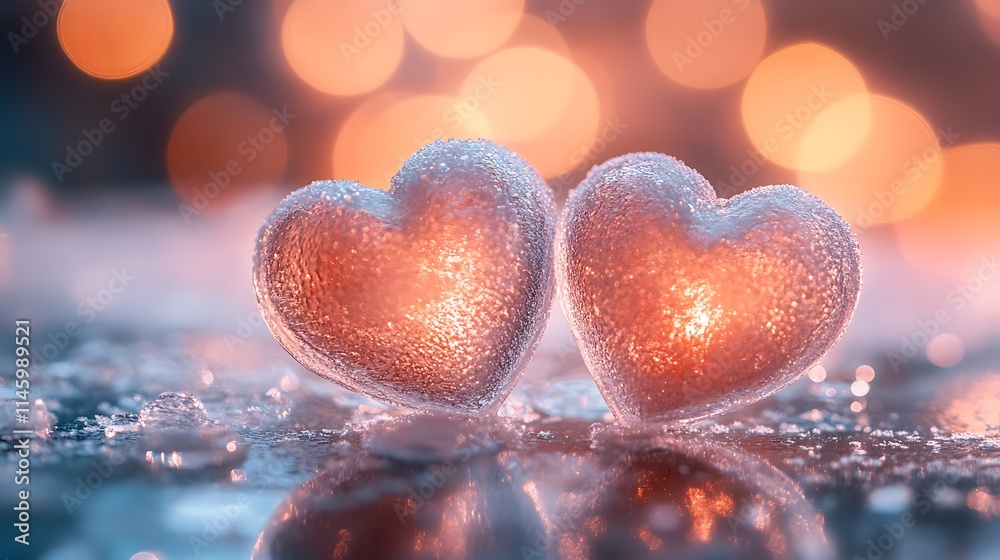 Fototapeta premium Heart-shaped frost ornaments resting gently on a smooth glass tabletop, delicate frost trails spreading across the surface, softly blurred cold pink and icy white lights in the background,