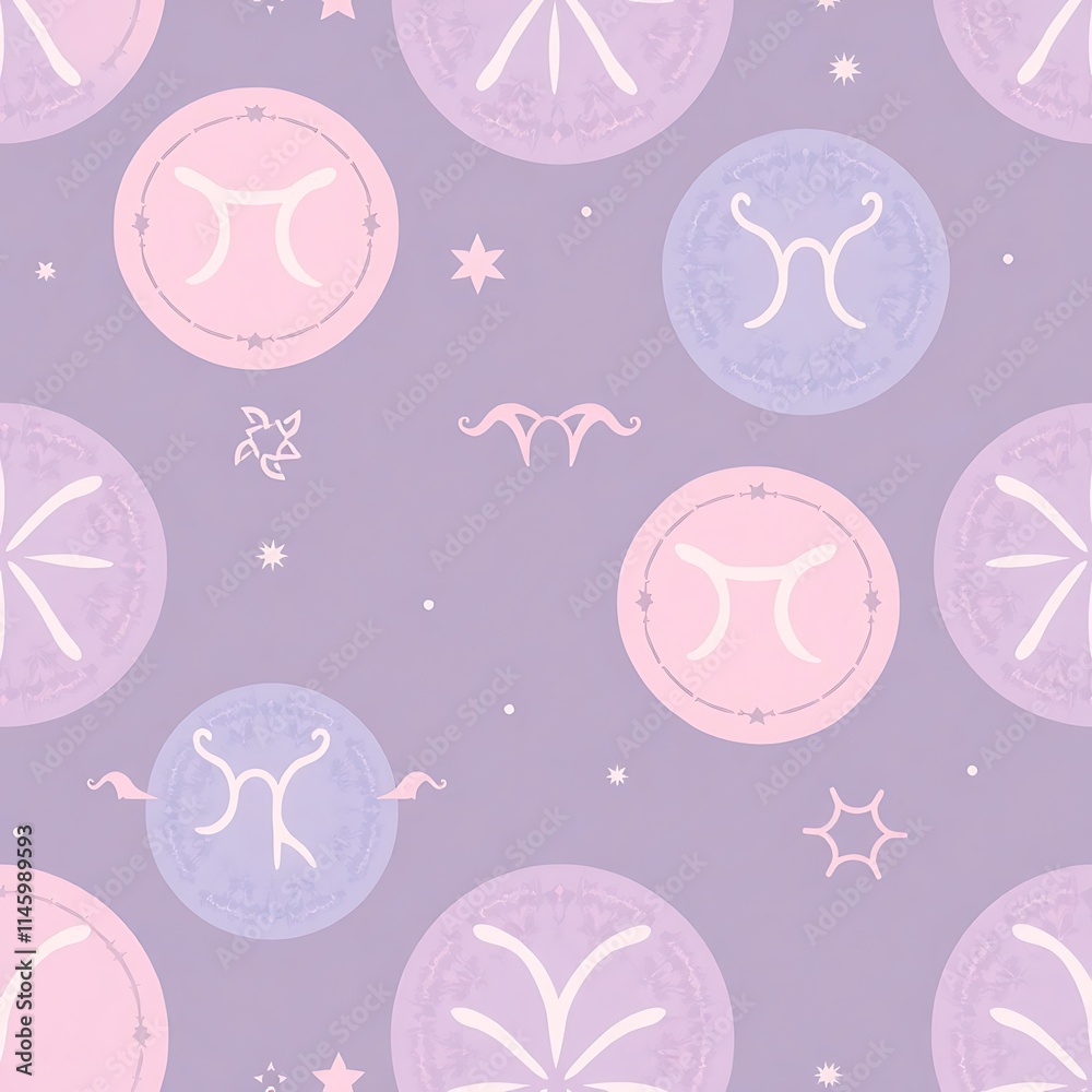 Pastel Pisces Zodiac Seamless Pattern: A whimsical and enchanting pastel purple background adorned with a seamless pattern of Pisces zodiac symbols, stars, and delicate details. Pastel Pisces Zodiac Seamless Pattern: A whimsical and enchanting pastel purple background adorned with a seamless pattern of Pisces zodiac symbols, stars, and delicate details.