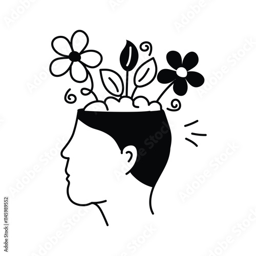 An icon of a person head and shoulders in profile, with flowers and leaves growing out of their mind