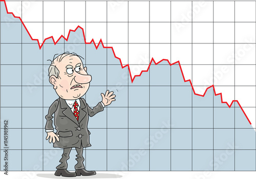 Sad manager against the background of an economic indicators decline chart, vector cartoon illustration