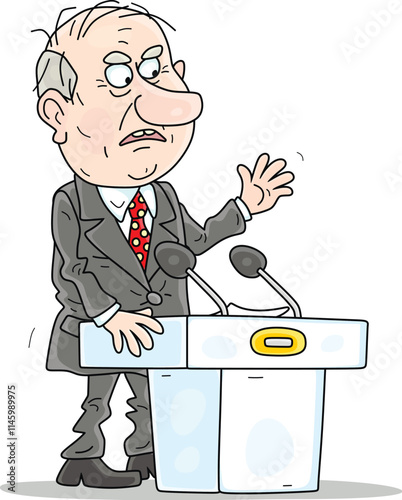 Angry government official taking his very important speech at a meeting or press conference, vector cartoon illustration on a white background