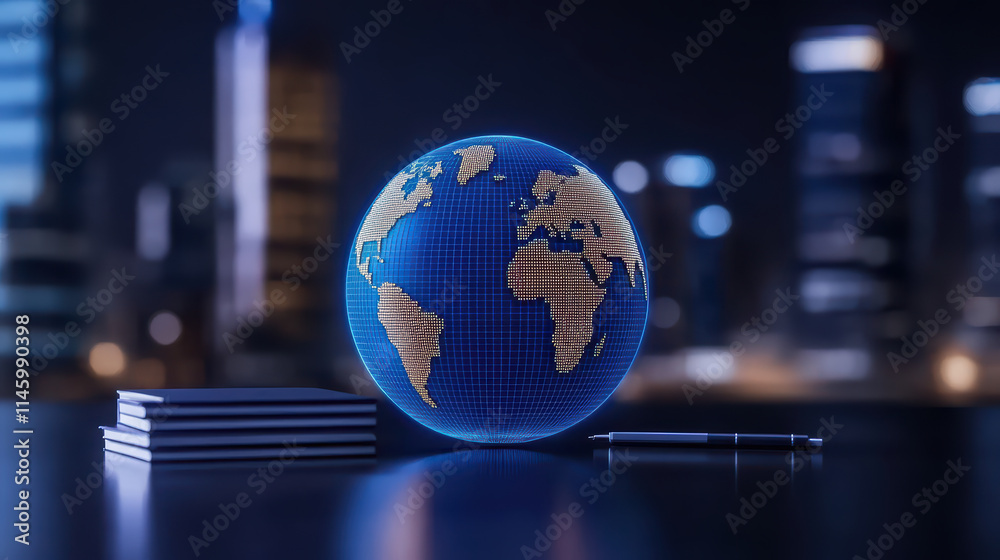 glowing globe on desk with notebooks and pen, symbolizing global connectivity and knowledge glowing globe on desk with notebooks and pen, symbolizing global connectivity and knowledge