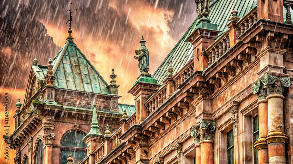 Fototapeta premium close up view of weathered architectural building under rain, showcasing intricate details and statues against dramatic sky. scene evokes sense of history and grandeur