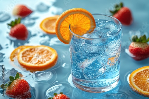 Blue cocktail garnished with orange slice and ice in a vibrant setting photo