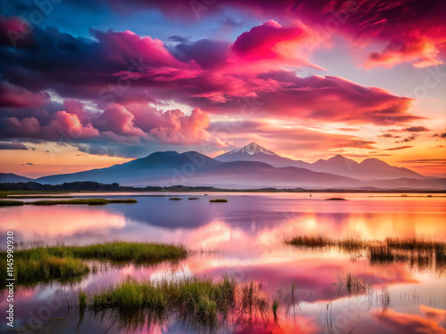 Breathtaking sunset over tranquil lake, with vibrant pink and purple clouds reflecting on water. Distant mountains create serene backdrop, enhancing natural beauty