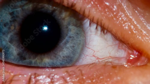 Close-Up of an Infected Sick Eye with Red Bloodshot Appearance. Detailed View Highlighting Irritation, Swelling, and Health Concern. A Medical Condition Requiring Attention