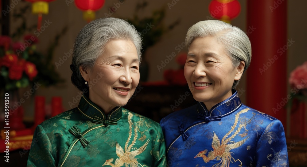 Fototapeta premium Elderly asian women in traditional attire celebrate cultural heritage with joyful expressions