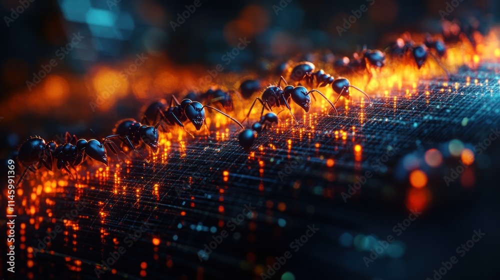 Fototapeta premium Ants Marching on a Digital Network: A Cyberpunk Vision