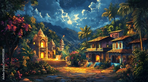 Illuminated Temple and Houses in a Tropical Night Setting
