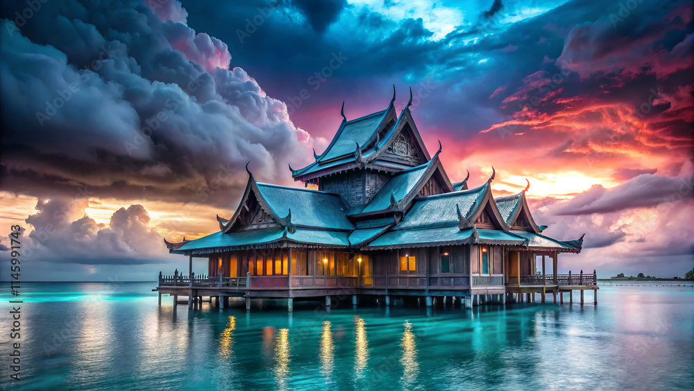 Obraz premium stunning handcrafted indigenous structure stands over tranquil waters, surrounded by dramatic stormy clouds and vibrant sunset colors. scene evokes sense of peace and wonder