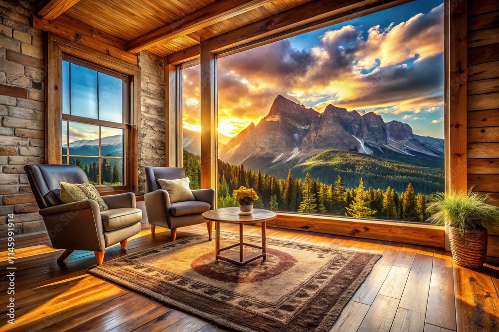 Fototapeta premium Cozy Mountain Retreat Room: Worm's Eye View of Stunning Rocky Mountain Scenery