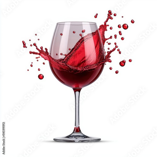 A photostock of dynamic splashes of red wine mid-air with droplets, isolated on a clean white background, bold and elegant, High Quality photo