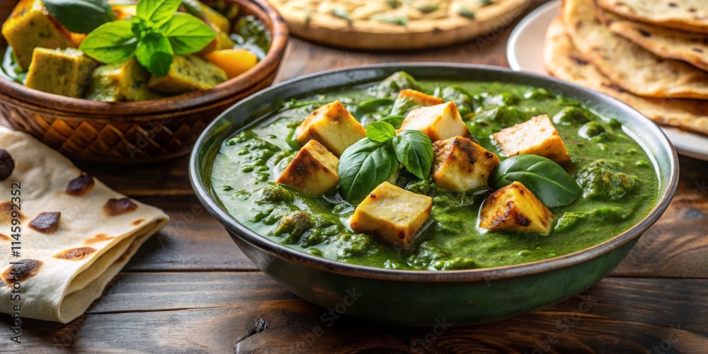 Delicious Saag Paneer with Roti: Healthy Punjabi Food Close-Up Delicious Saag Paneer with Roti: Healthy Punjabi Food Close-Up