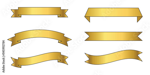 Set of six gold banners in various shapes and styles. Perfect for design projects, awards, or labels, these shiny gold ribbons offer a range of decorative options for certificates, logos, or branding.