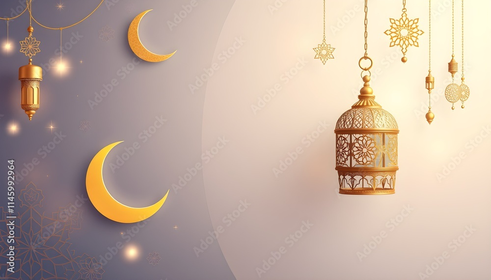 Decorative lantern and crescent moon ornaments create an elegant ambiance for a cultural celebration at night Decorative lantern and crescent moon ornaments create an elegant ambiance for a cultural celebration at night