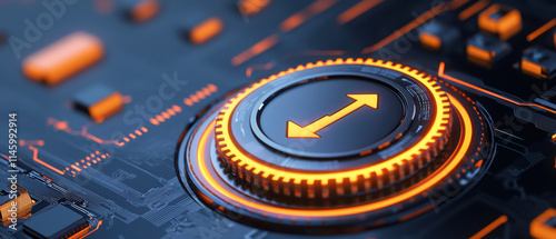 High tech control panel with glowing orange accents and circular dial