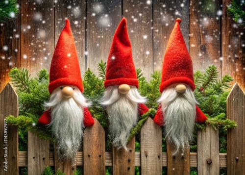 Festive Gnomes Santa Hats Wooden Fence Christmas Decor Winter Holiday Scene Medium Shot