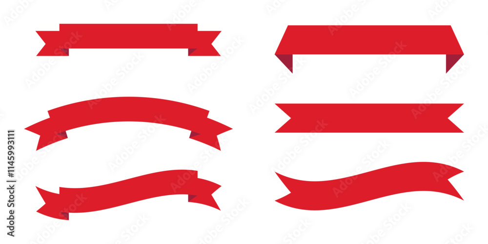 Set of six red ribbon banners with various shapes and styles. Perfect for use in banners, advertisements, certificates, and promotional designs. Simple, elegant, and versatile vector ribbons. Set of six red ribbon banners with various shapes and styles. Perfect for use in banners, advertisements, certificates, and promotional designs. Simple, elegant, and versatile vector ribbons.