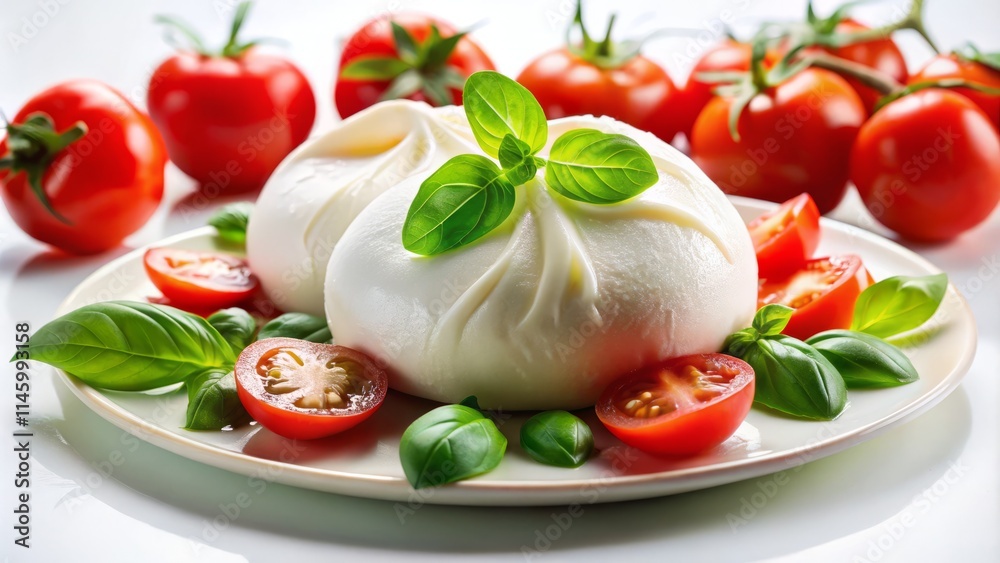 Fresh Mozzarella & Burrata Cheese Close Up: Creamy Texture, White Background Fresh Mozzarella & Burrata Cheese Close Up: Creamy Texture, White Background