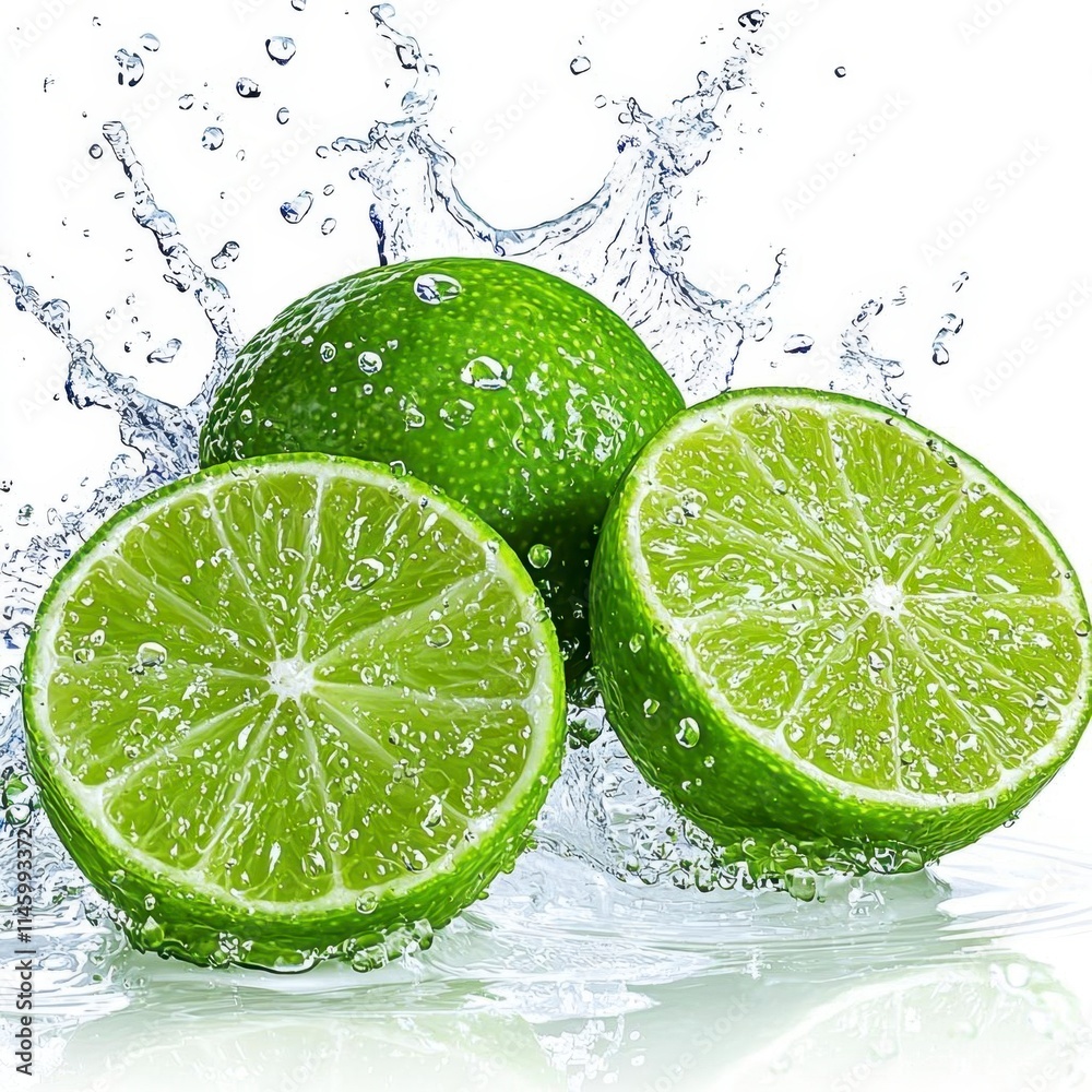A photostock of a fresh green lime cut into slices with splashes of water mid-motion, isolated on a clean white background, crisp and refreshing, High Quality A photostock of a fresh green lime cut into slices with splashes of water mid-motion, isolated on a clean white background, crisp and refreshing, High Quality