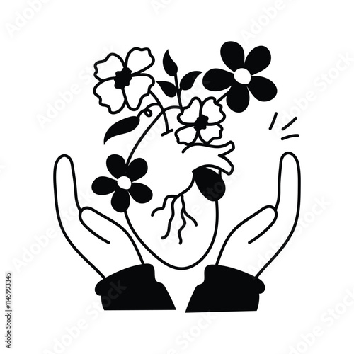 A heart adorned with flowers, held gently in protective hands, concept icon of positivity