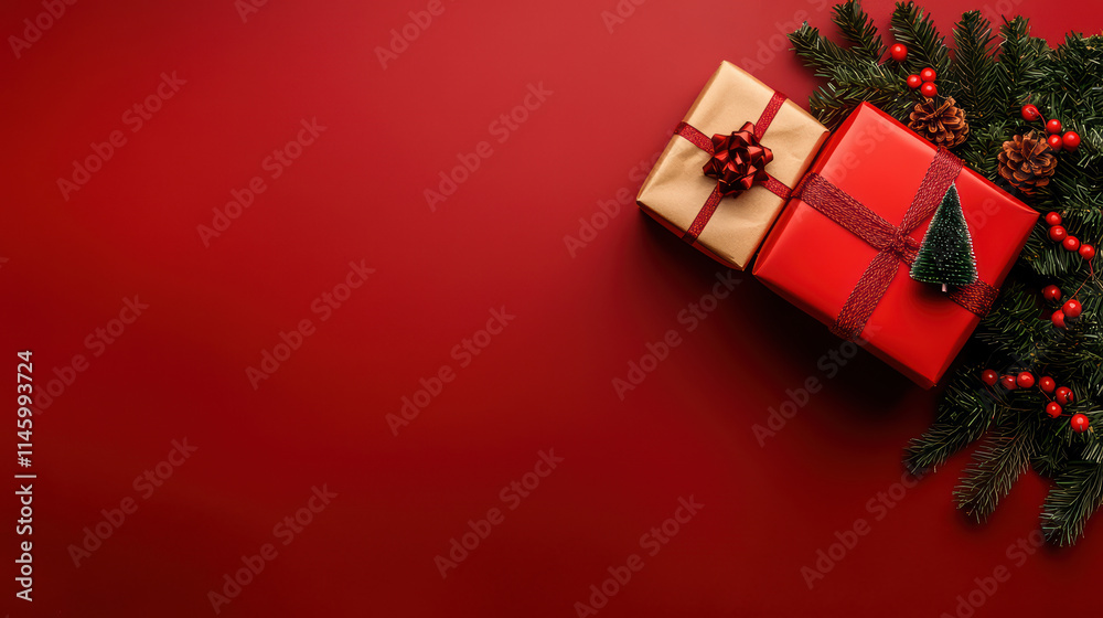 Festive red background with s gifts and decorations, creating joyful atmosphere Festive red background with s gifts and decorations, creating joyful atmosphere