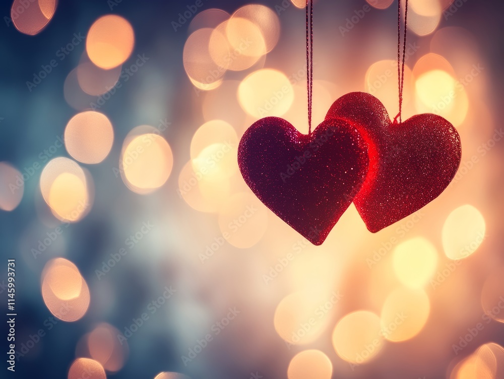 Two vibrant red hearts dangle gracefully from a string, embodying love and connection, perfect for celebrating the essence of Valentine's Day. Two vibrant red hearts dangle gracefully from a string, embodying love and connection, perfect for celebrating the essence of Valentine's Day.