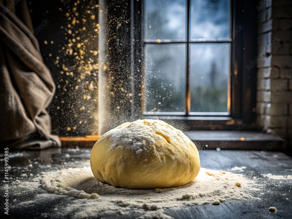Homemade Bread Baking: Kneading Dough Action Shot - Rustic Kitchen Window Light Homemade Bread Baking: Kneading Dough Action Shot - Rustic Kitchen Window Light