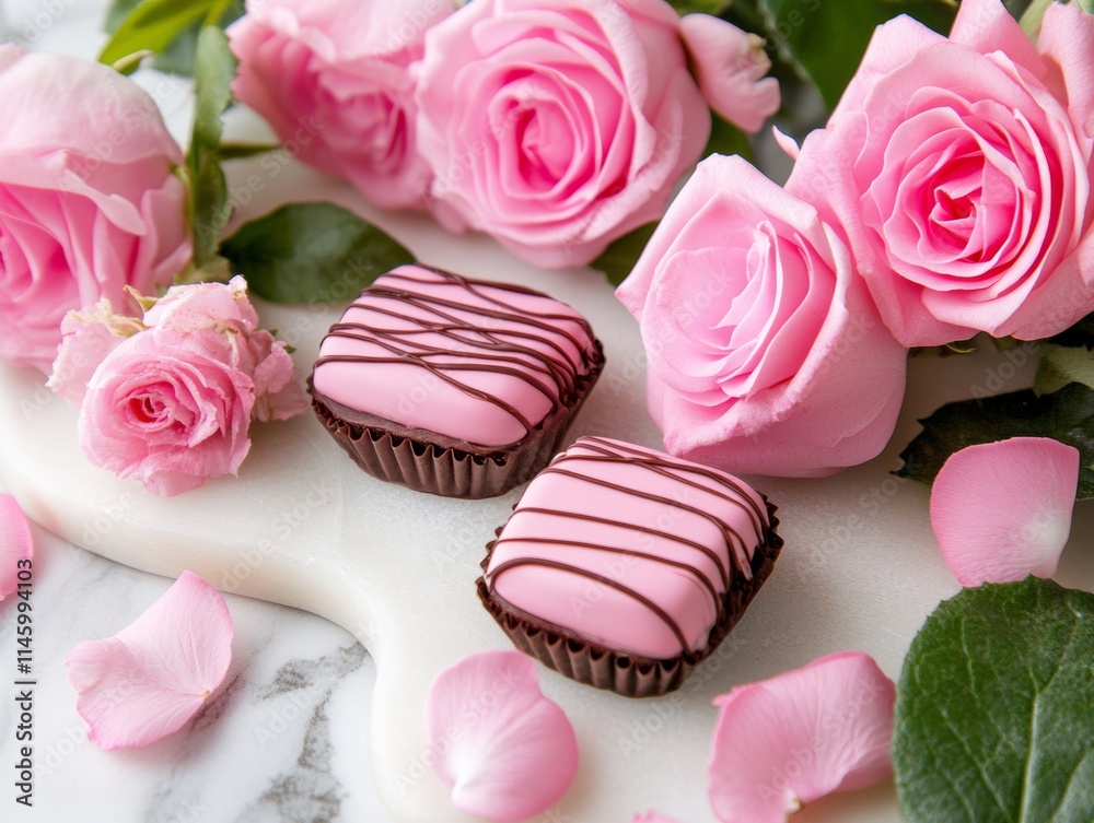 A charming display of red roses and decadent chocolates rests on a pristine white board, surrounded by soft pink petals, perfect for a romantic Valentine's Day. A charming display of red roses and decadent chocolates rests on a pristine white board, surrounded by soft pink petals, perfect for a romantic Valentine's Day.