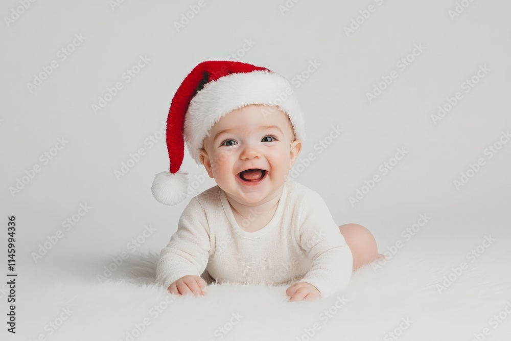 A delightful baby wearing a red Santa hat, joyfully crawling on a soft surface, representing the warmth and cheer of the holiday season in an endearing way. A delightful baby wearing a red Santa hat, joyfully crawling on a soft surface, representing the warmth and cheer of the holiday season in an endearing way.