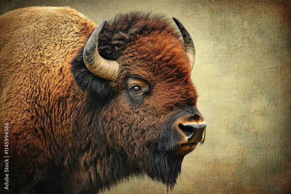 This image captures the side profile of a bison against a rustic, textured background, emphasizing its strength and the rugged texture of its fur and formidable horns. This image captures the side profile of a bison against a rustic, textured background, emphasizing its strength and the rugged texture of its fur and formidable horns.