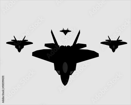 Illustration, silhouette of fighter jets flying in precision formation on a gray background. Perfect for military, aviation, or teamwork projects with a modern, minimalist aesthetic.