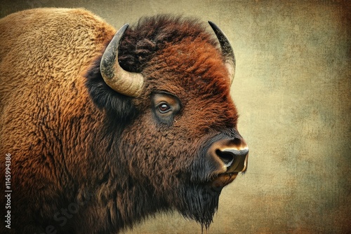 Wallpaper Mural This image captures the side profile of a bison against a rustic, textured background, emphasizing its strength and the rugged texture of its fur and formidable horns. Torontodigital.ca