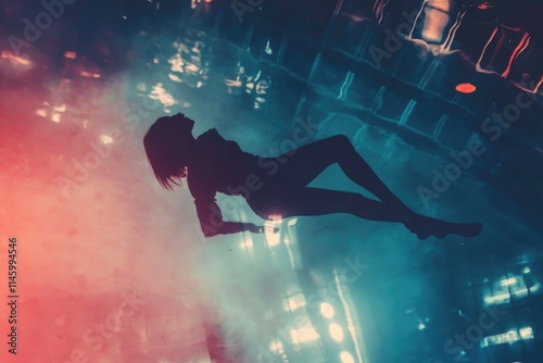 A woman is seen floating in the air above a city at night