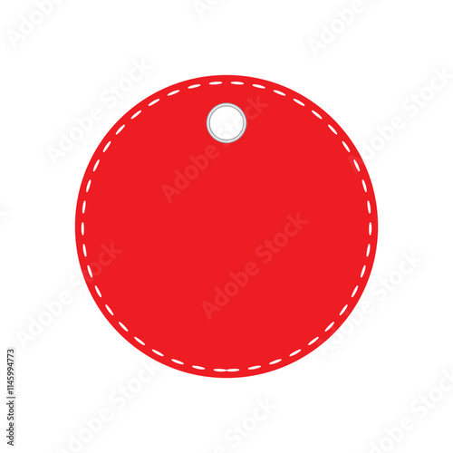 A round red tag with stitched detailing and a small hole for hanging. Perfect for use in retail, as price tags, or for labeling gifts and products with a minimalist, modern design.