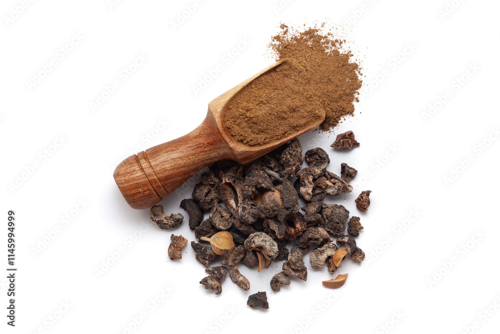 A wooden scoop filled with organic dried Gooseberry (Phyllanthus emblica) or Amla powder, placed beside a heap of gooseberry fruits, isolated on a white background. A wooden scoop filled with organic dried Gooseberry (Phyllanthus emblica) or Amla powder, placed beside a heap of gooseberry fruits, isolated on a white background.