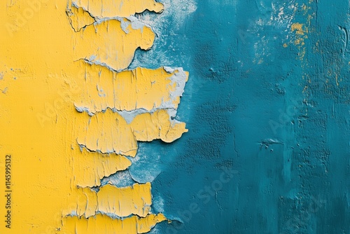 A close-up of a textured wall featuring peeling paint in vibrant yellow and teal colors. The contrast between the two colors highlights the layers of paint and texture. photo