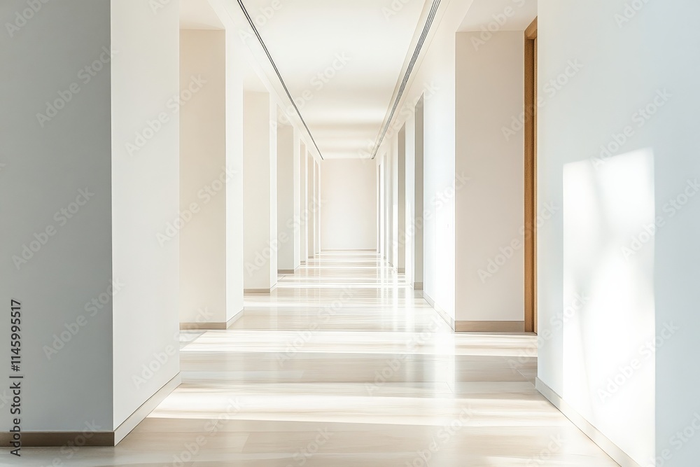 Fototapeta premium A serene and modern minimalist architectural hallway bathed in abundant natural light, with clean lines and soft shadows creating a calming, peaceful atmosphere.