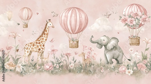 Fototapeta Naklejka Na Ścianę i Meble -  Whimsical watercolor mural depicts animals cycling amidst hot air balloons against a soft pink backdrop. Ideal for a girl's room, this mural features adorable illustrations of a giraffe, elephant