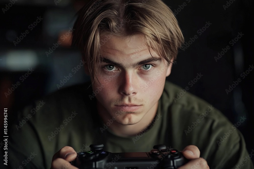 A young man with intense focus and determination is playing video games, gripping a controller tightly, displayed under subtle lighting conditions. A young man with intense focus and determination is playing video games, gripping a controller tightly, displayed under subtle lighting conditions.