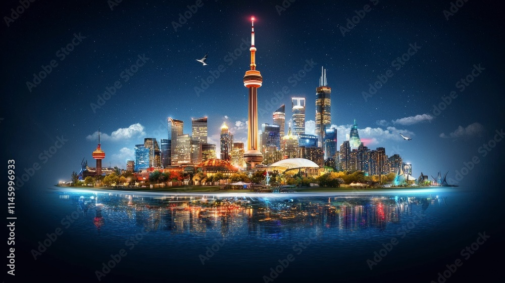 Fototapeta premium Illuminated urban nightscape of toronto city skyline aerial digital art viewpoint showcasing architectural marvels by the waterfront