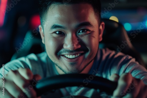 A young, cheerful man grips the steering wheel in a dynamic urban scene, exuding confidence and joy, capturing the lively essence of city exploration. photo