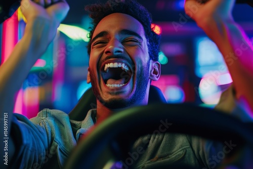 A young man in a neon-lit arcade triumphantly celebrates his win with raised hands, expressing immense joy and energy as colorful lights illuminate the vibrant scene. photo