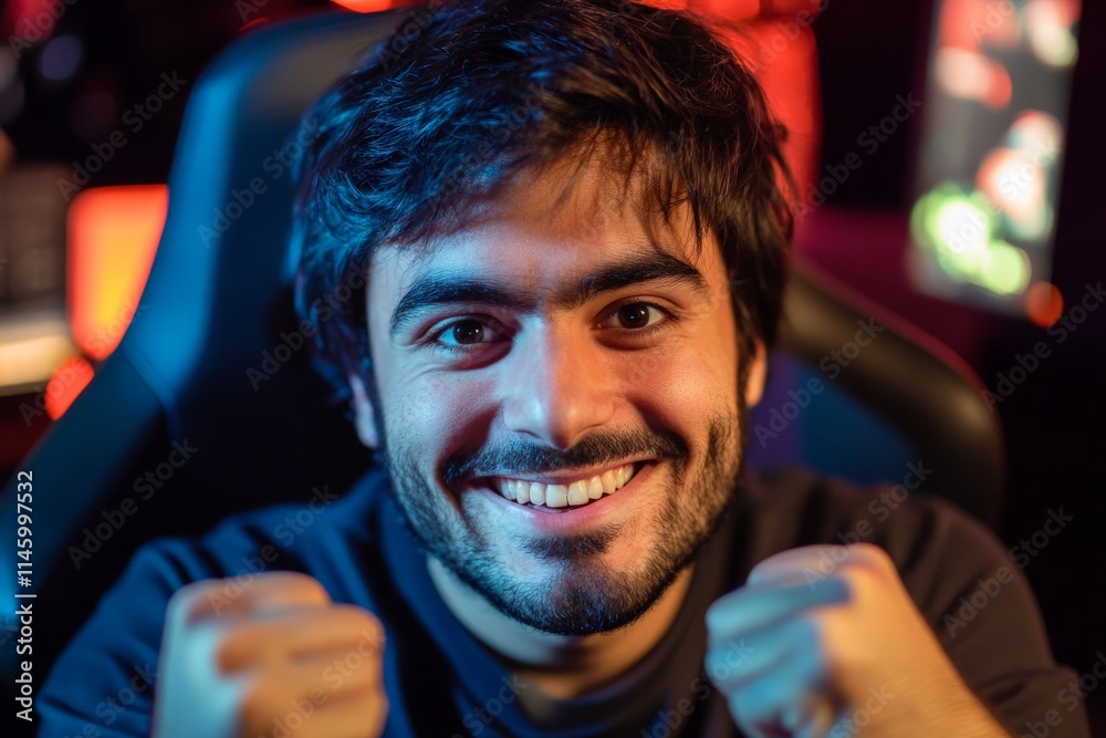 A man radiating joy and triumph, smiling broadly with clenched fists, celebrates a victorious moment in gaming, captured with vibrant lights around him.