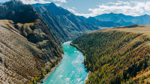 Canvas Print Stunning aerial view capturing the turquoise katun river meandering through the