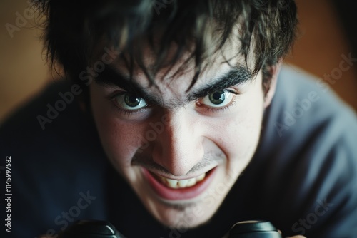 A close-up of an intense young person with exaggerated facial expressions, focusing on a gaming device, conveying excitement and focus in a dimly lit room. photo