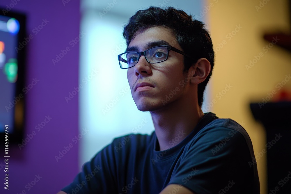 Fototapeta premium A young adult sits focused, staring at a screen while wearing glasses, in a room with a softly illuminated ambiance, portraying concentration and engagement.