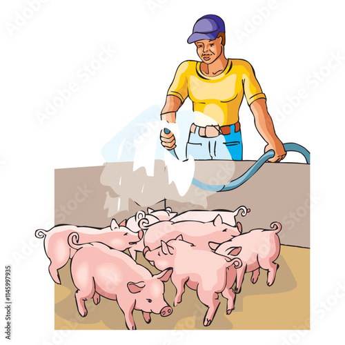 A Vector Cartoon of farmer Washing Piglets vector illustration